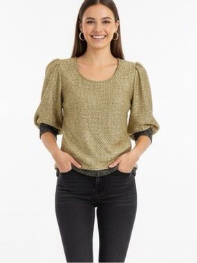 Trousers NWOT Vintage Stretchy Poof Sleeve Gold Textured Women's Top